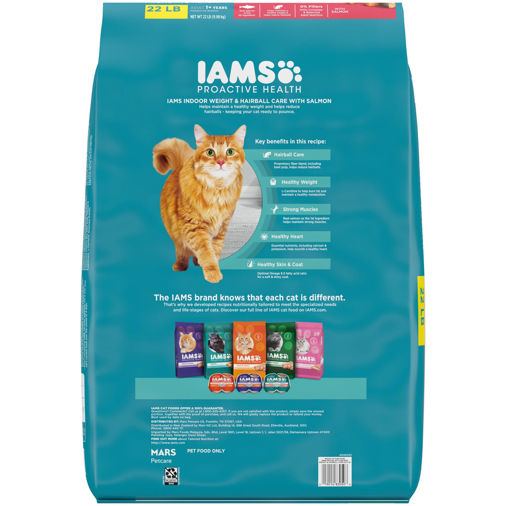 IAMS Proactive Health Indoor Adult Cat Food with Salmon for Weight & Hairball Care - 22 lb