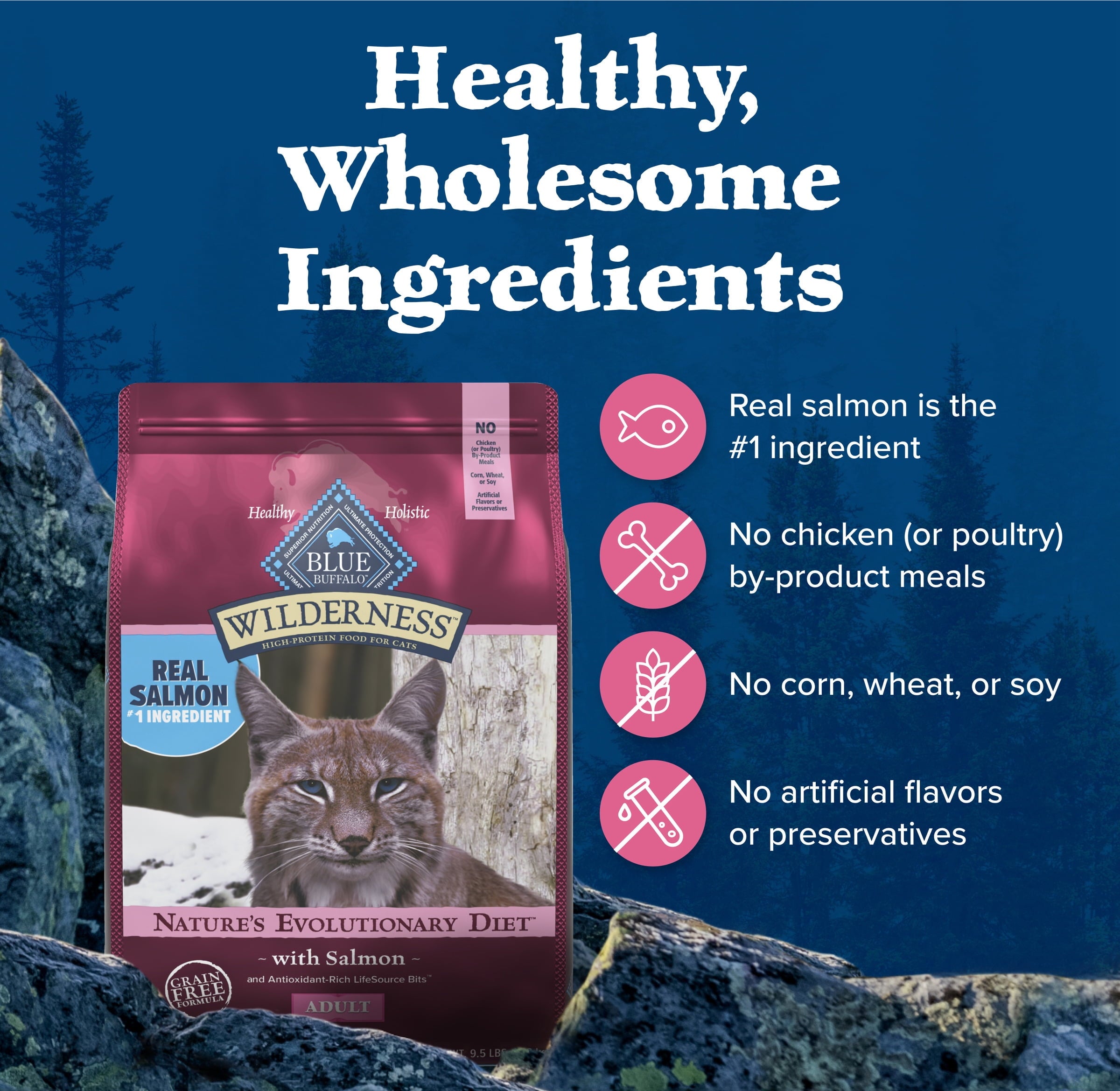 Blue Buffalo Wilderness Natural High Protein Dry Food for Adult Cats - Salmon, 4-lb Bag