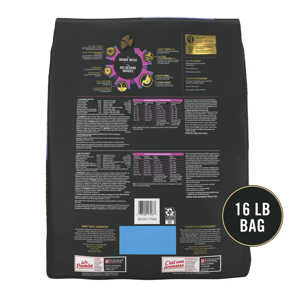 Purina Pro Plan Sensitive Skin and Sensitive Stomach Dog Food Lamb and Oat Meal Formula - 16 lb. Bag