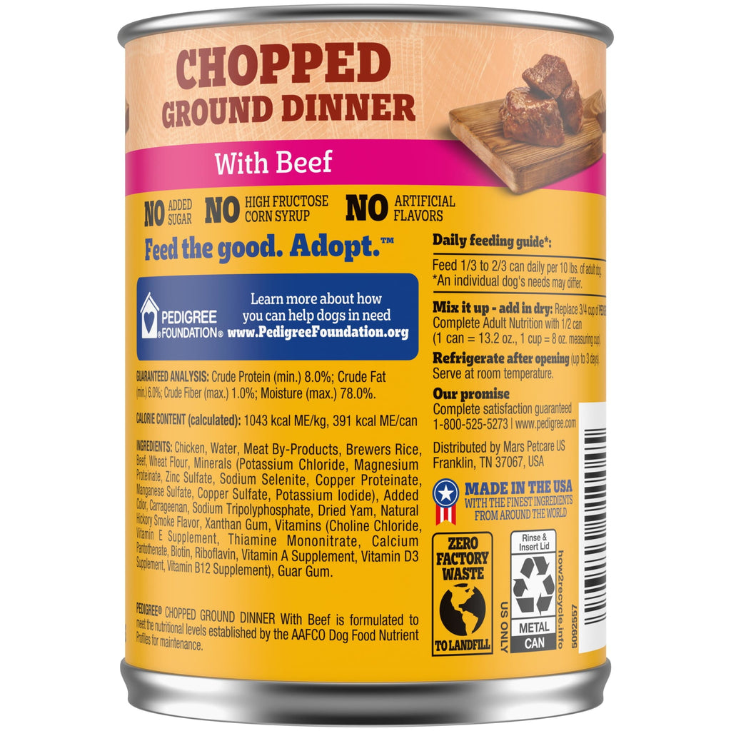 Pedigree Chopped Ground Dinner Wet Dog Food With Beef - Canned Dog Food, 13.2 oz. Cans, 12 Count - 6-Pack