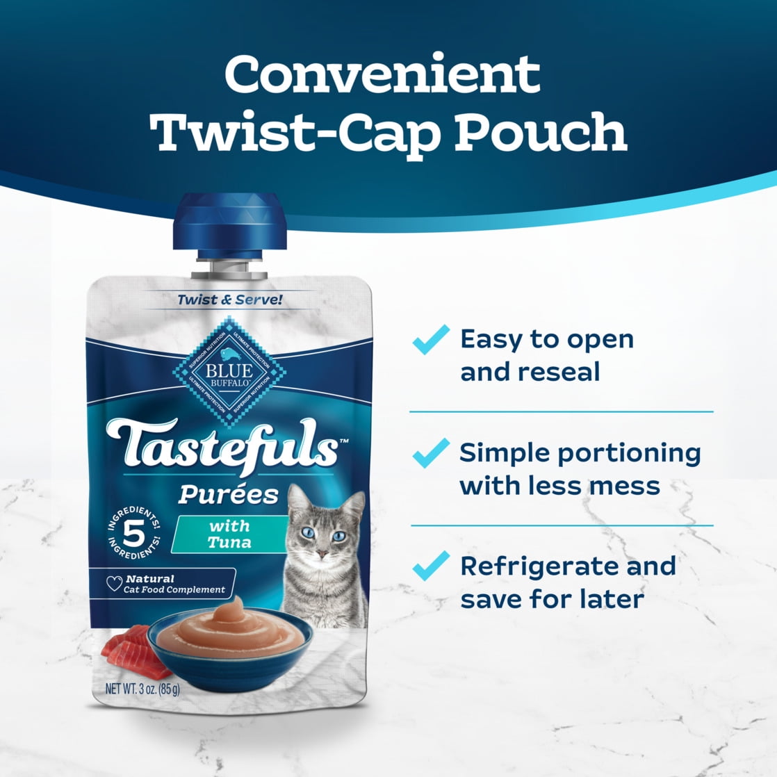 Blue Buffalo Tastefuls Adult Cat Natural Purées - Tuna 3-oz Resealable Twist Cap Pouch