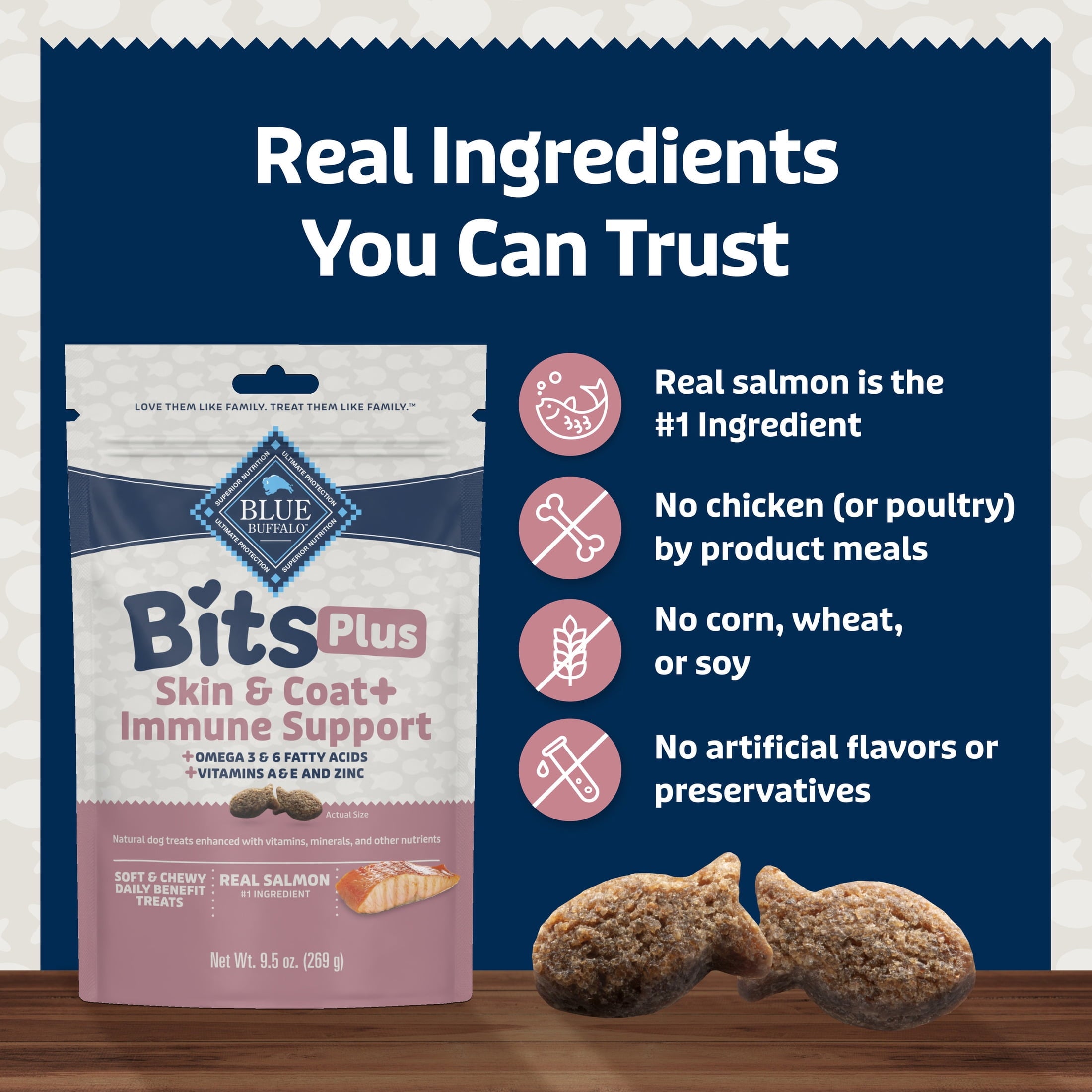 Blue Buffalo BLUE Bits Plus Skin & Coat and Immune Support Daily Benefit Dog Treats - Soft & Chewy Salmon Morsels, 9.5-oz. Bag