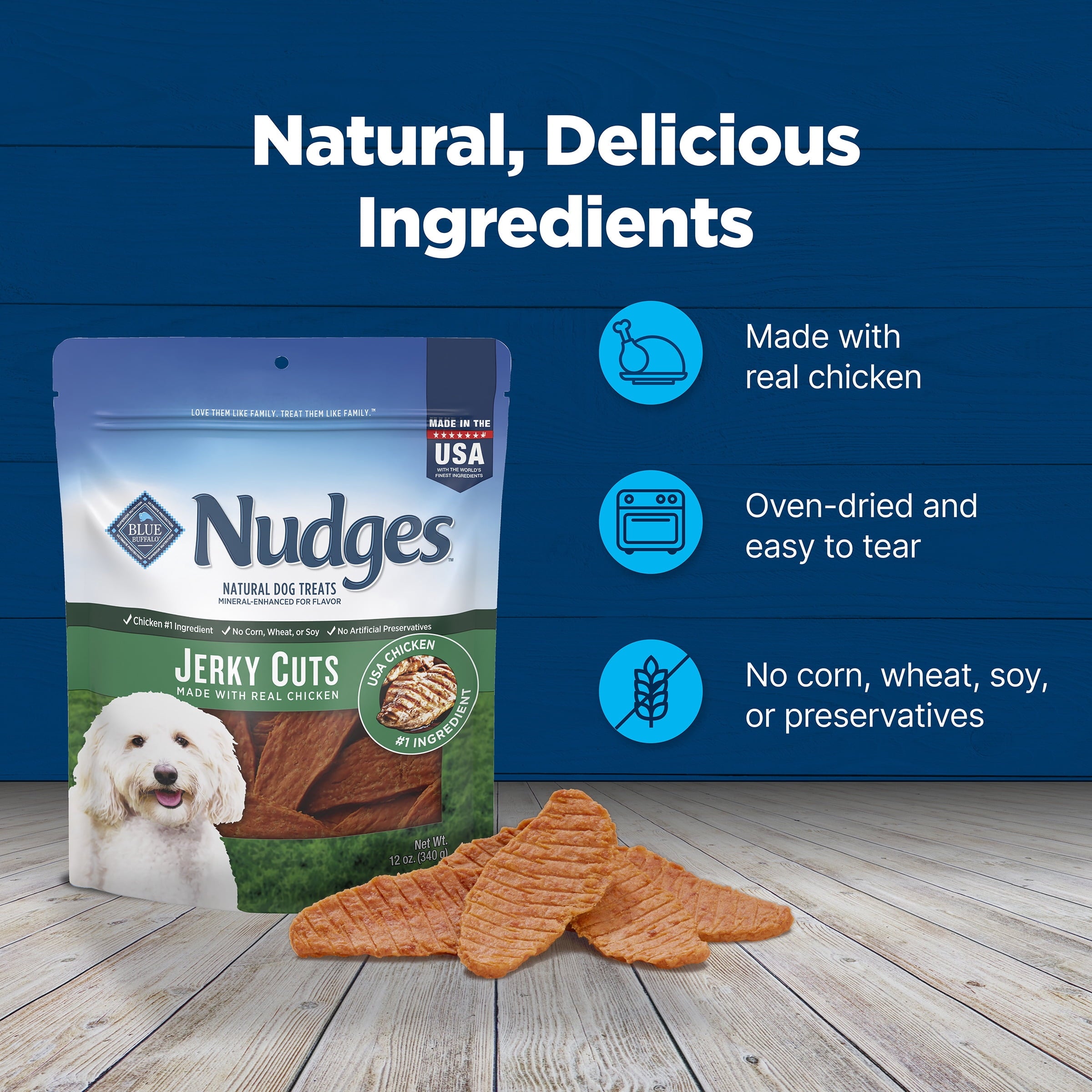 Blue Buffalo Nudges Jerky Cuts - Natural Dog Treats, Chicken Jerky, 12oz Bag