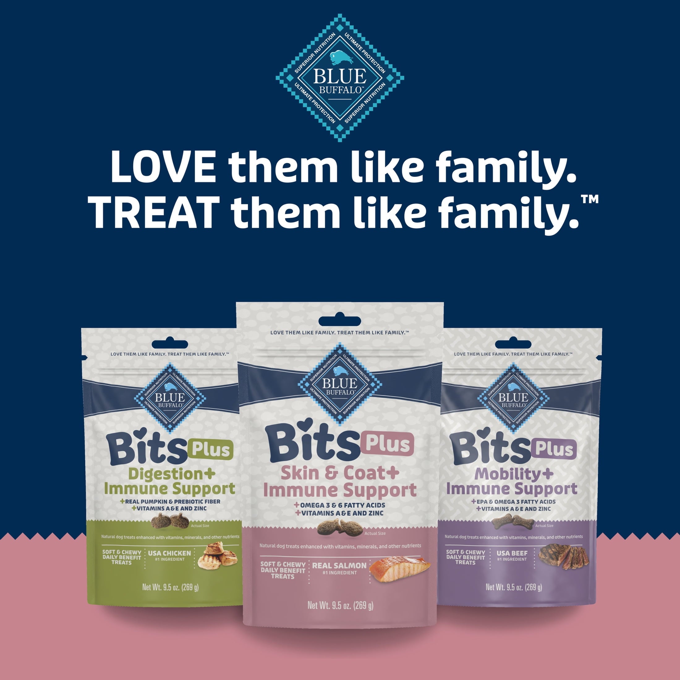 Blue Buffalo BLUE Bits Plus Skin & Coat and Immune Support Daily Benefit Dog Treats - Soft & Chewy Salmon Morsels, 9.5-oz. Bag