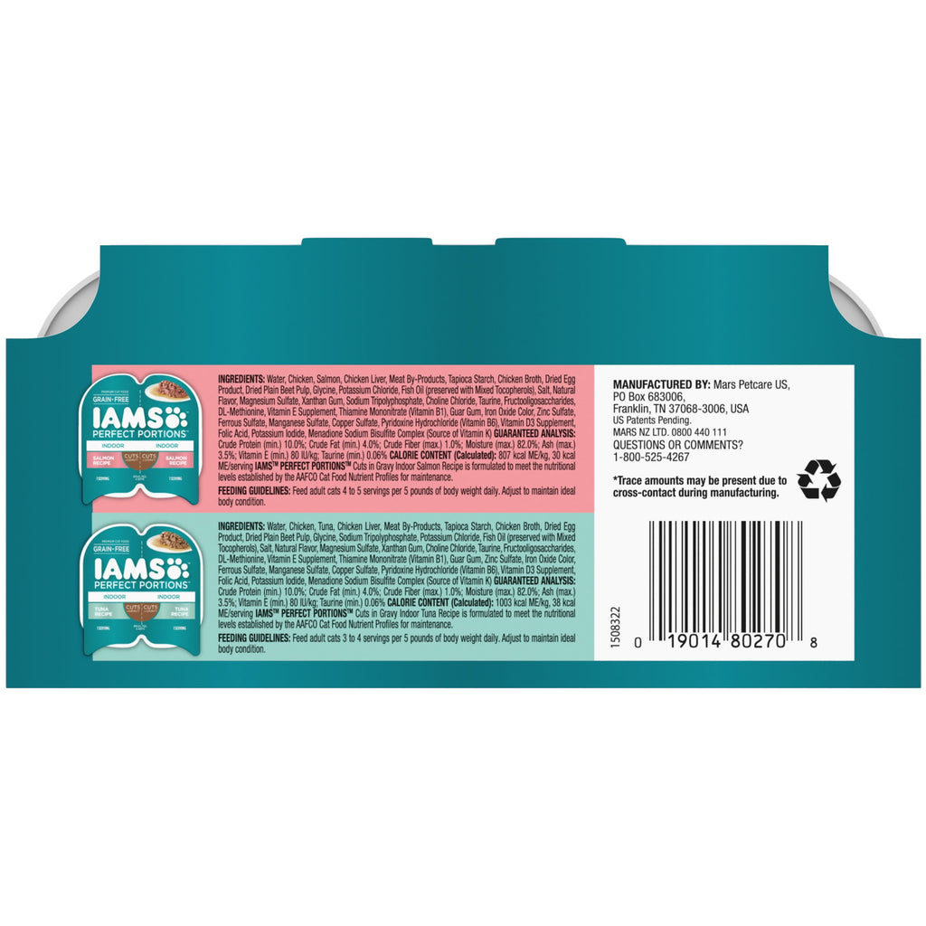 Iams Perfect Portions Indoor Grain Free Wet Cat Food Cuts in Gravy Variety Pack Tuna Recipe Salmon Recipe 2.6 oz Twin Pack Trays