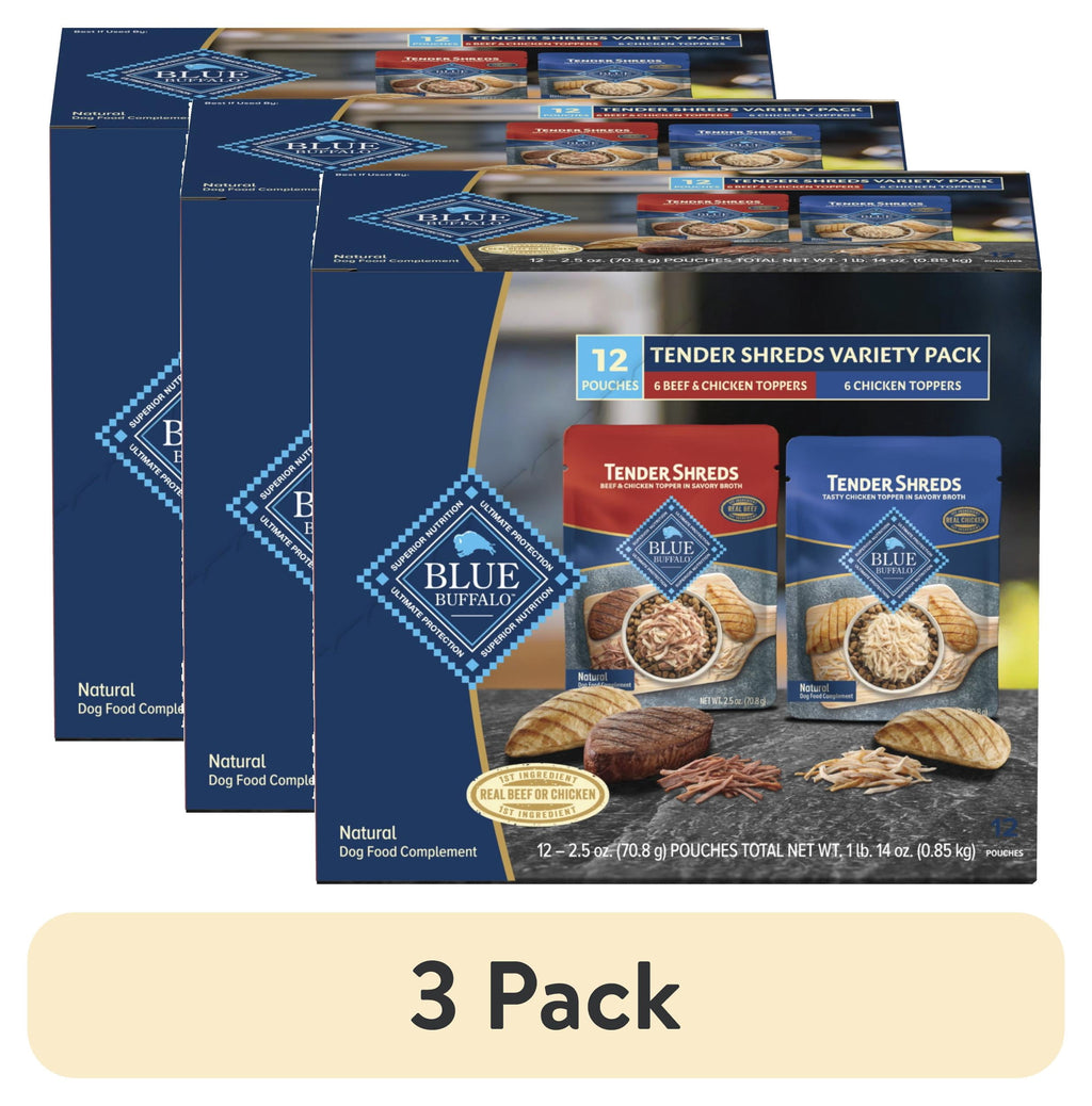 Blue Buffalo Tender Shreds Toppers - Natural Dog Food, 2.5-oz. Pouch, 12-Count Variety Pack - 3-Pack