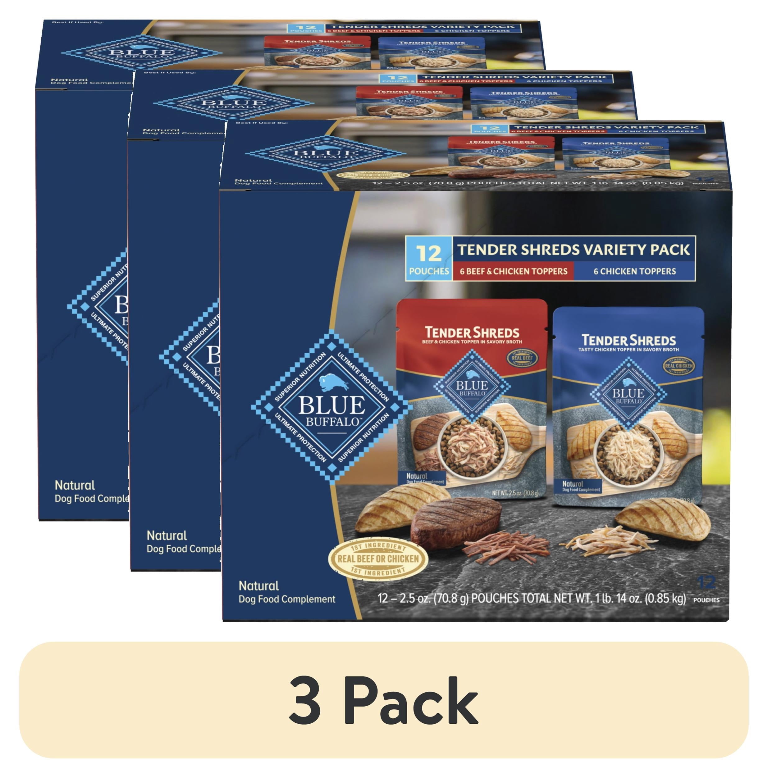 Blue Buffalo Tender Shreds Toppers - Natural Dog Food, 2.5-oz. Pouch, 12-Count Variety Pack - 3-Pack