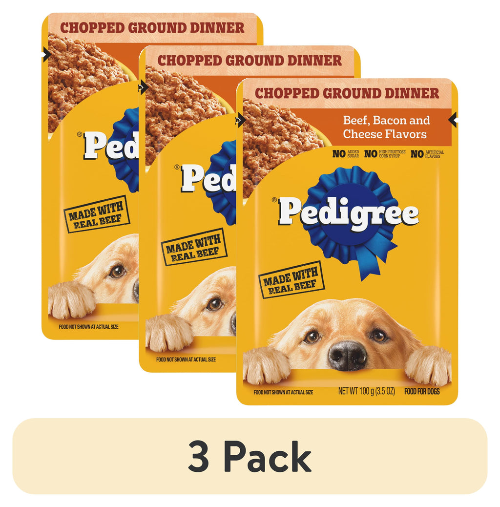 Pedigree Chopped Ground Dinner Beef - Bacon & Cheese Flavors Adult Soft Wet Dog Food, 3.5 Oz Pouches - 3-Pack