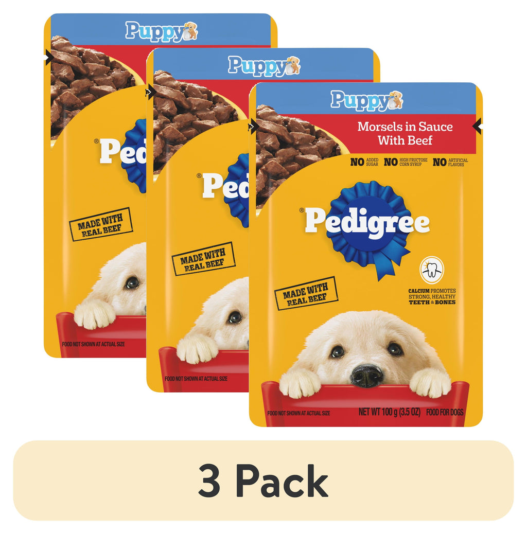 Pedigree Puppy Food Morsels in Sauce - Wet Dog Food Pouches, Beef Flavor, 3.5 oz. Pouches - 3-Pack