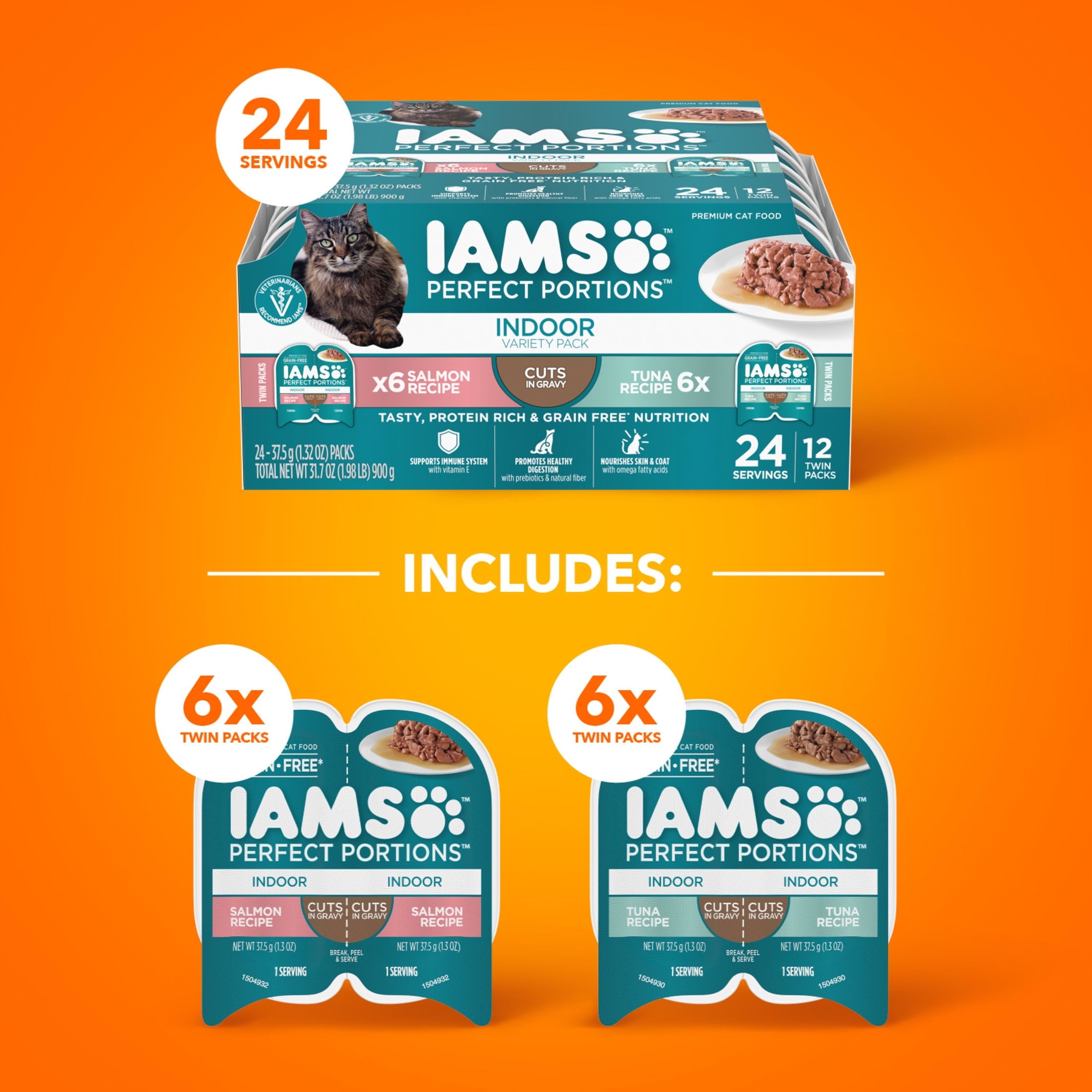 Iams Perfect Portions Indoor Grain Free Wet Cat Food Cuts in Gravy Variety Pack Tuna Recipe Salmon Recipe 2.6 oz Twin Pack Trays