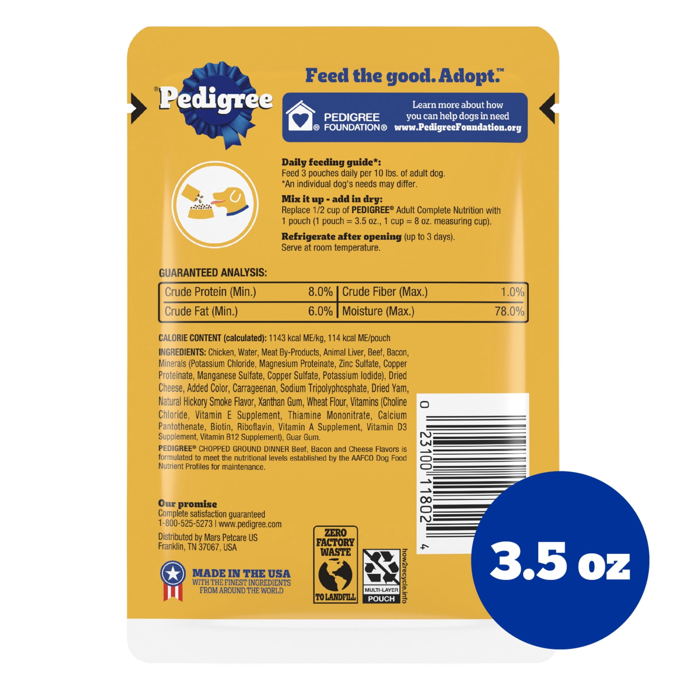 Pedigree Chopped Ground Dinner Beef - Bacon & Cheese Flavors Adult Soft Wet Dog Food, 3.5 Oz Pouches - 3-Pack