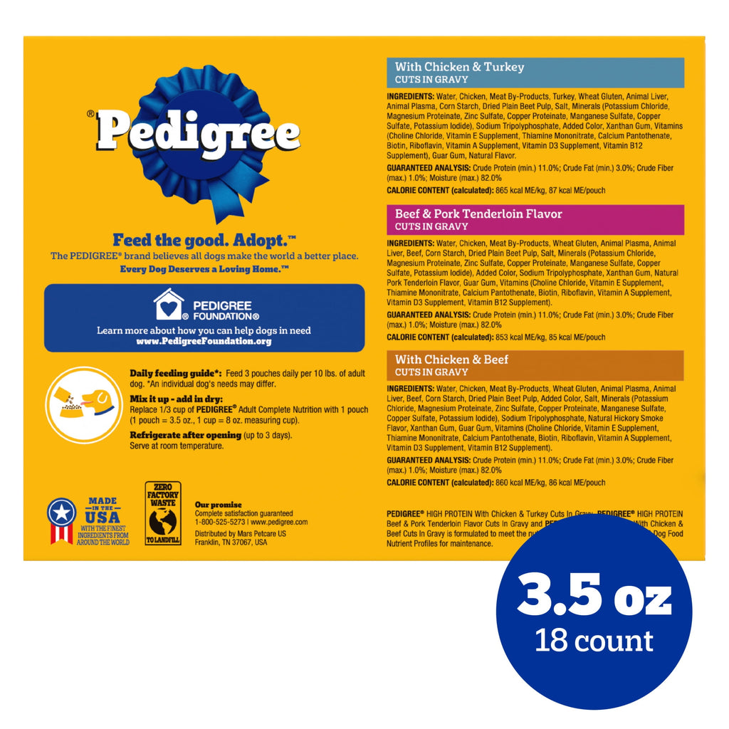 Pedigree High Protein Dog Food Wet Variety Pack Pouches - 3.5 oz. Pouches, 18 Count - 4-Pack