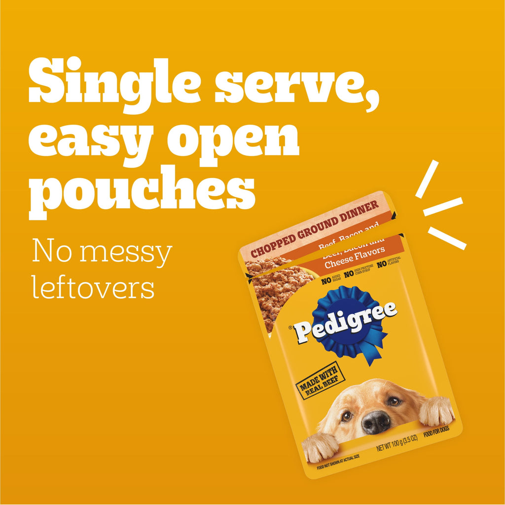 Pedigree Chopped Ground Dinner Beef - Bacon & Cheese Flavors Adult Soft Wet Dog Food, 3.5 Oz Pouches