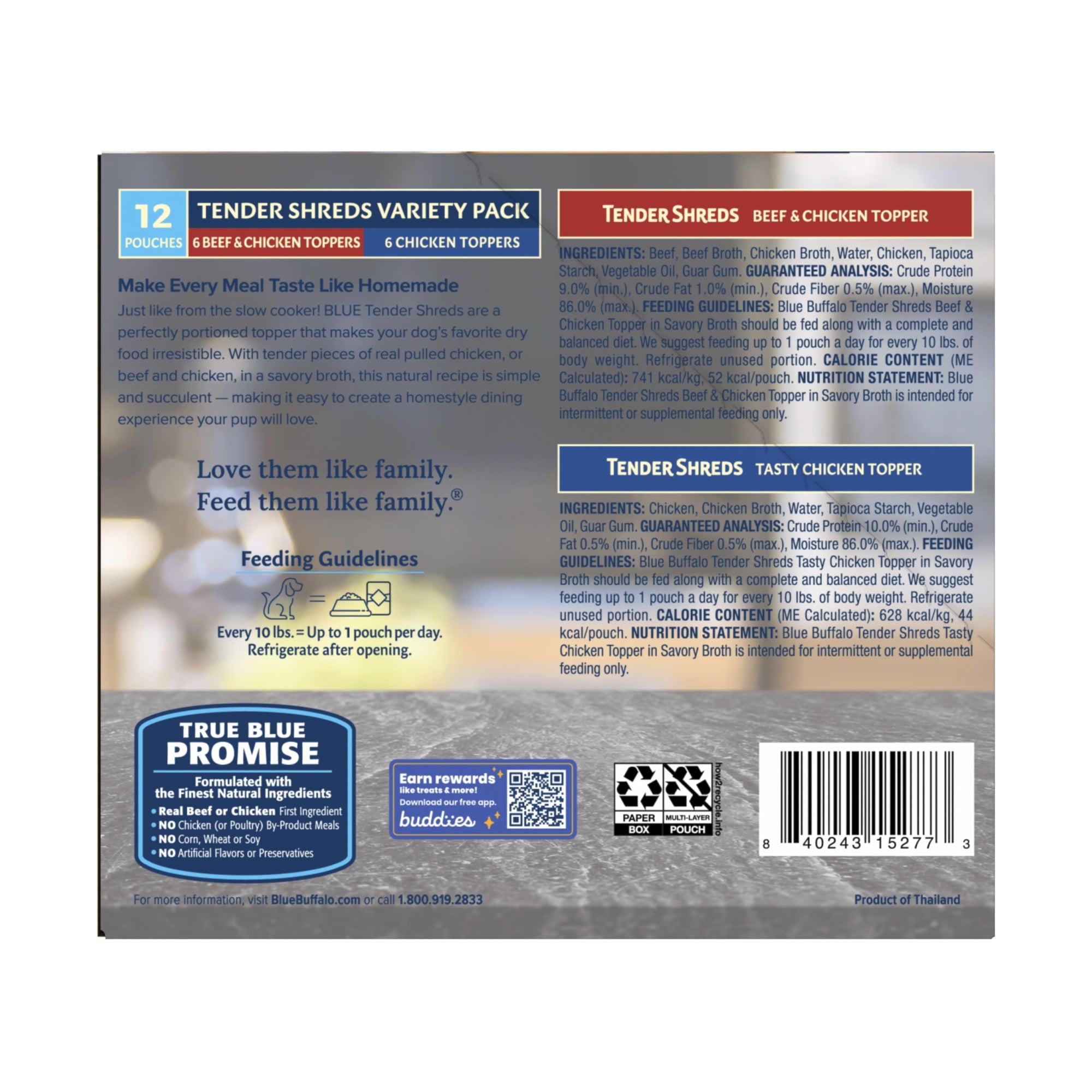 Blue Buffalo Tender Shreds Toppers - Natural Dog Food, 2.5-oz. Pouch, 12-Count Variety Pack - 3-Pack