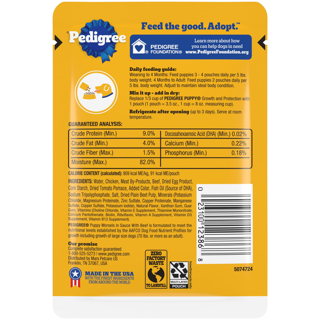 Pedigree Puppy Food Morsels in Sauce - Wet Dog Food Pouches, Beef Flavor, 3.5 oz. Pouches