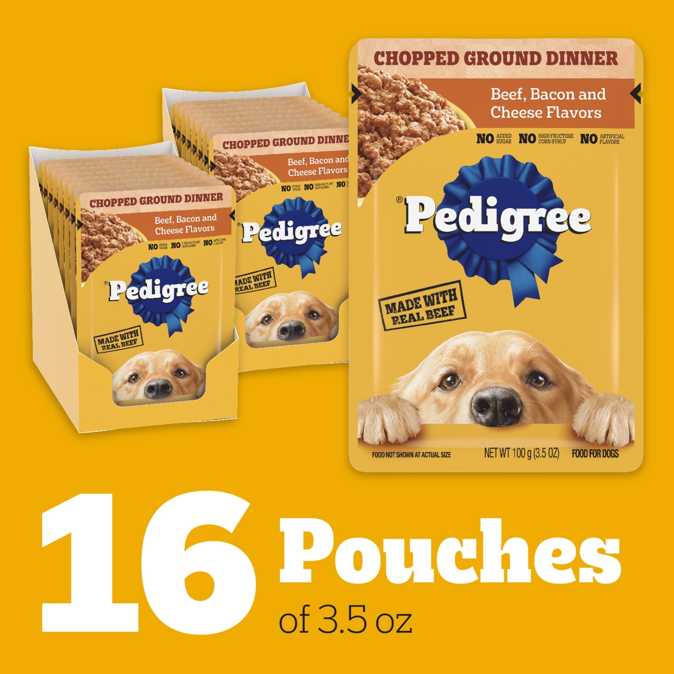 Pedigree Chopped Ground Dinner Beef - Bacon & Cheese Flavors Adult Soft Wet Dog Food, 3.5 Oz Pouches - 4-Pack
