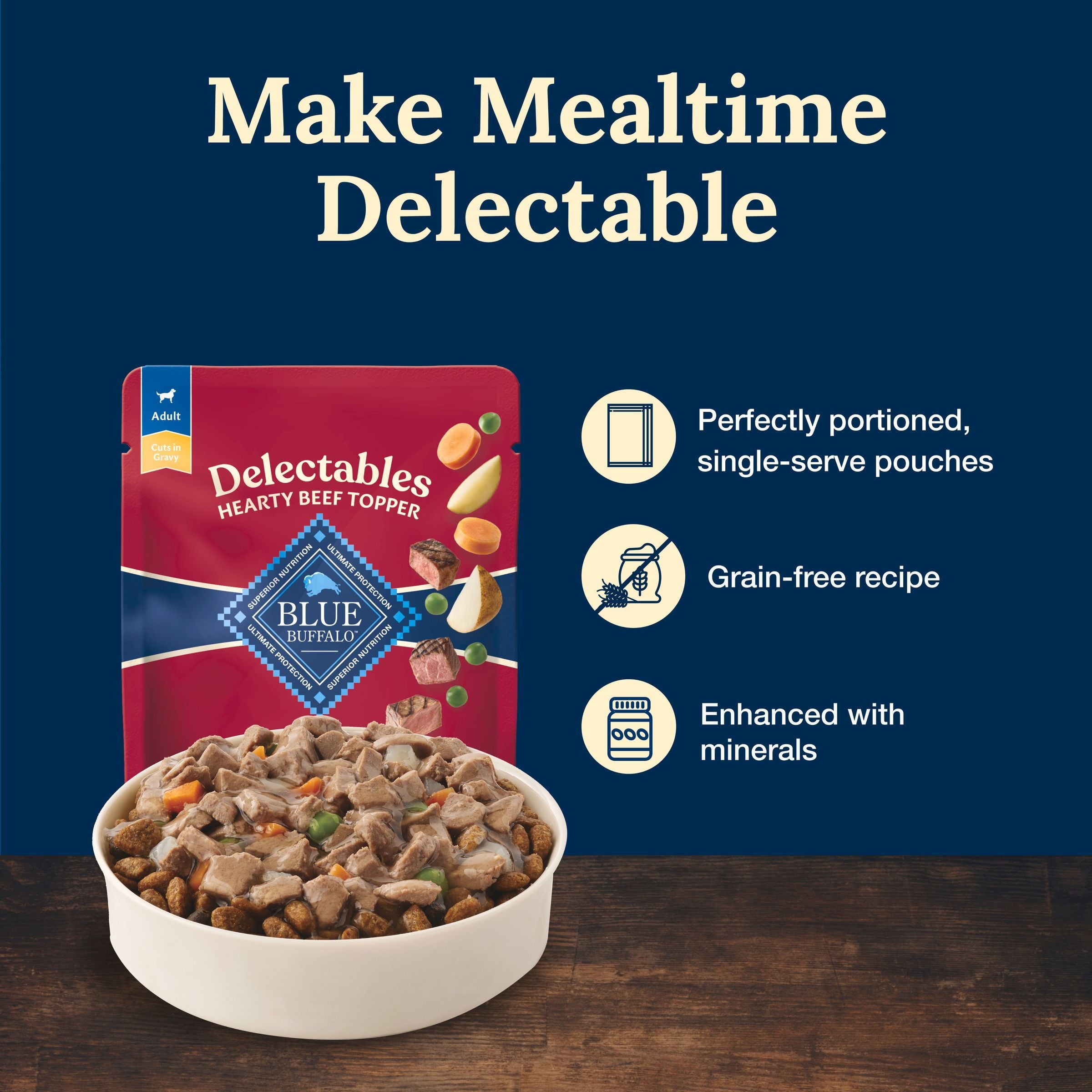 Blue Buffalo Delectables Natural Wet Dog Food Toppers - Hearty Beef, 3-oz Pouch