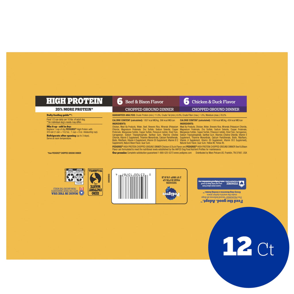Pedigree High Protein Chicken Duck & Beef Bison Flavor Wet Dog Food Variety Pack (12) 13.2 Oz Cans