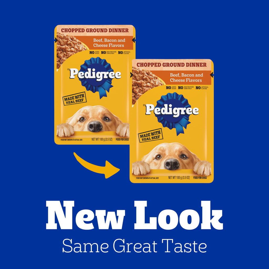 Pedigree Chopped Ground Dinner Beef - Bacon & Cheese Flavors Adult Soft Wet Dog Food, 3.5 Oz Pouches - 4-Pack