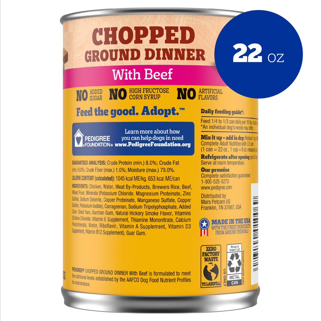 Pedigree Chopped Ground Dinner Soft Wet Dog Food With Beef - Canned Dog Food, 22 oz. Cans, 12 Count - 6-Pack