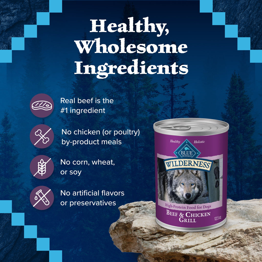 Blue Buffalo Wilderness High Protein Beef and Chicken Wet Dog Food for Adult Dogs - Grain-Free, 12.5 oz. Can