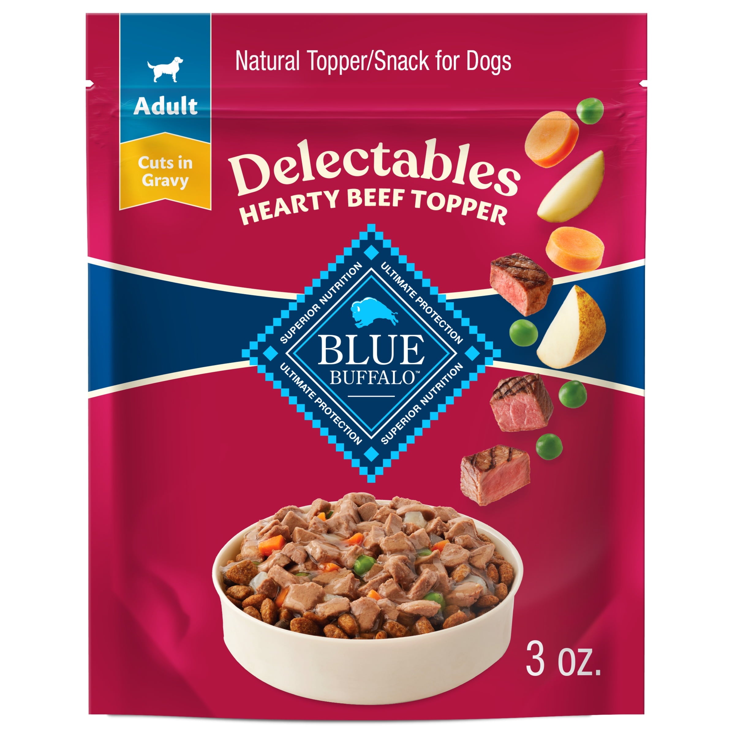 Blue Buffalo Delectables Natural Wet Dog Food Toppers - Hearty Beef, 3-oz Pouch - 6-Pack