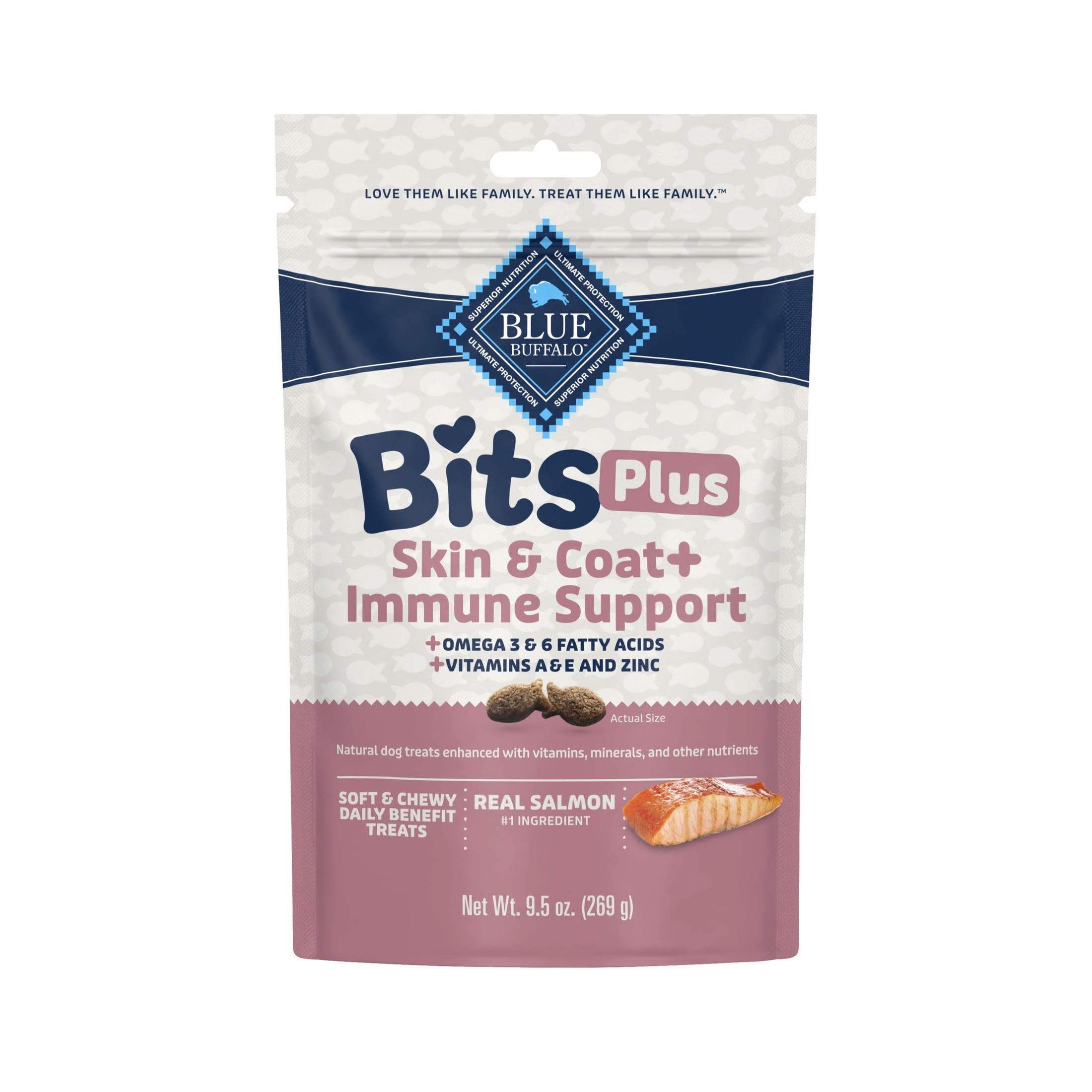 Blue Buffalo BLUE Bits Plus Skin & Coat and Immune Support Daily Benefit Dog Treats - Soft & Chewy Salmon Morsels, 9.5-oz. Bag