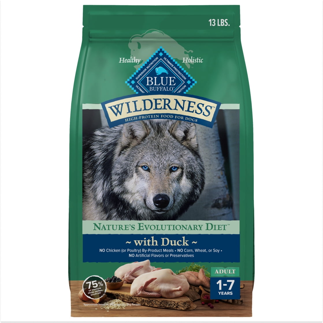 Blue Buffalo Wilderness Natural High-Protein Dry Food for Adult Dogs - Duck, 13-lb bag.