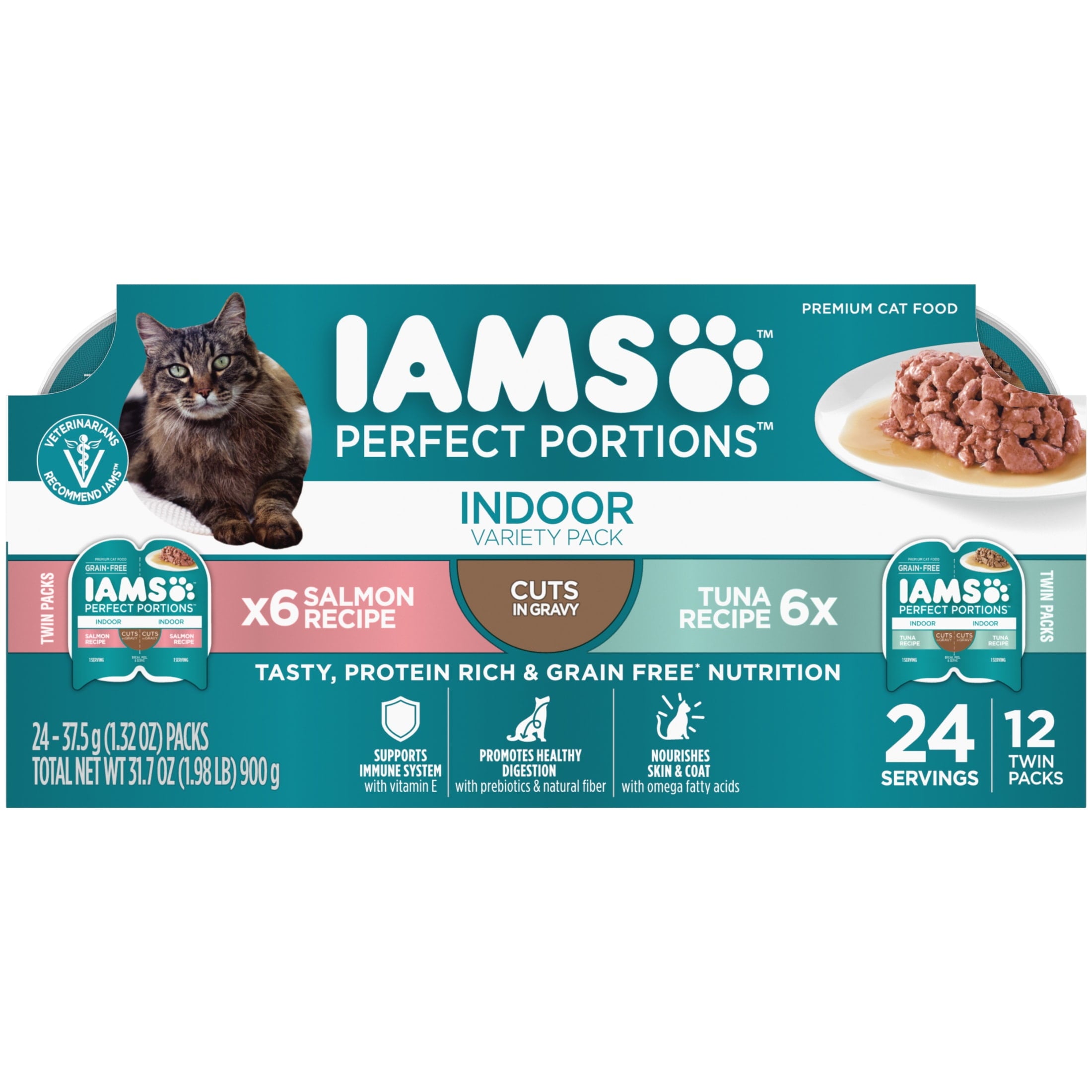 Iams Perfect Portions Indoor Grain Free Wet Cat Food Cuts in Gravy Variety Pack Tuna Recipe Salmon Recipe 2.6 oz Twin Pack Trays