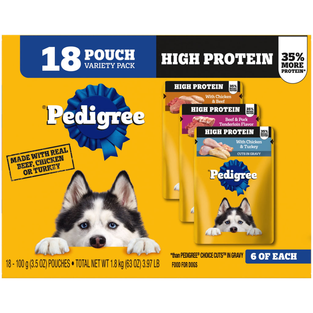 Pedigree High Protein Dog Food Wet Variety Pack Pouches - 3.5 oz. Pouches, 18 Count