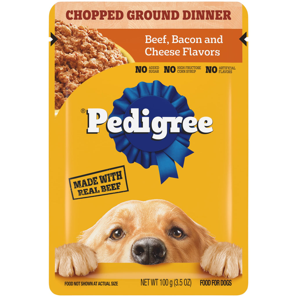 Pedigree Chopped Ground Dinner Beef - Bacon & Cheese Flavors Adult Soft Wet Dog Food, 3.5 Oz Pouches