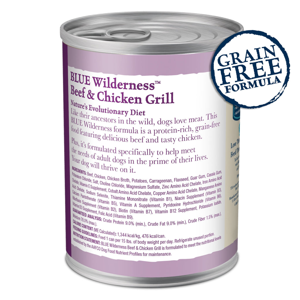 Blue Buffalo Wilderness High Protein Beef and Chicken Wet Dog Food for Adult Dogs - Grain-Free, 12.5 oz. Can