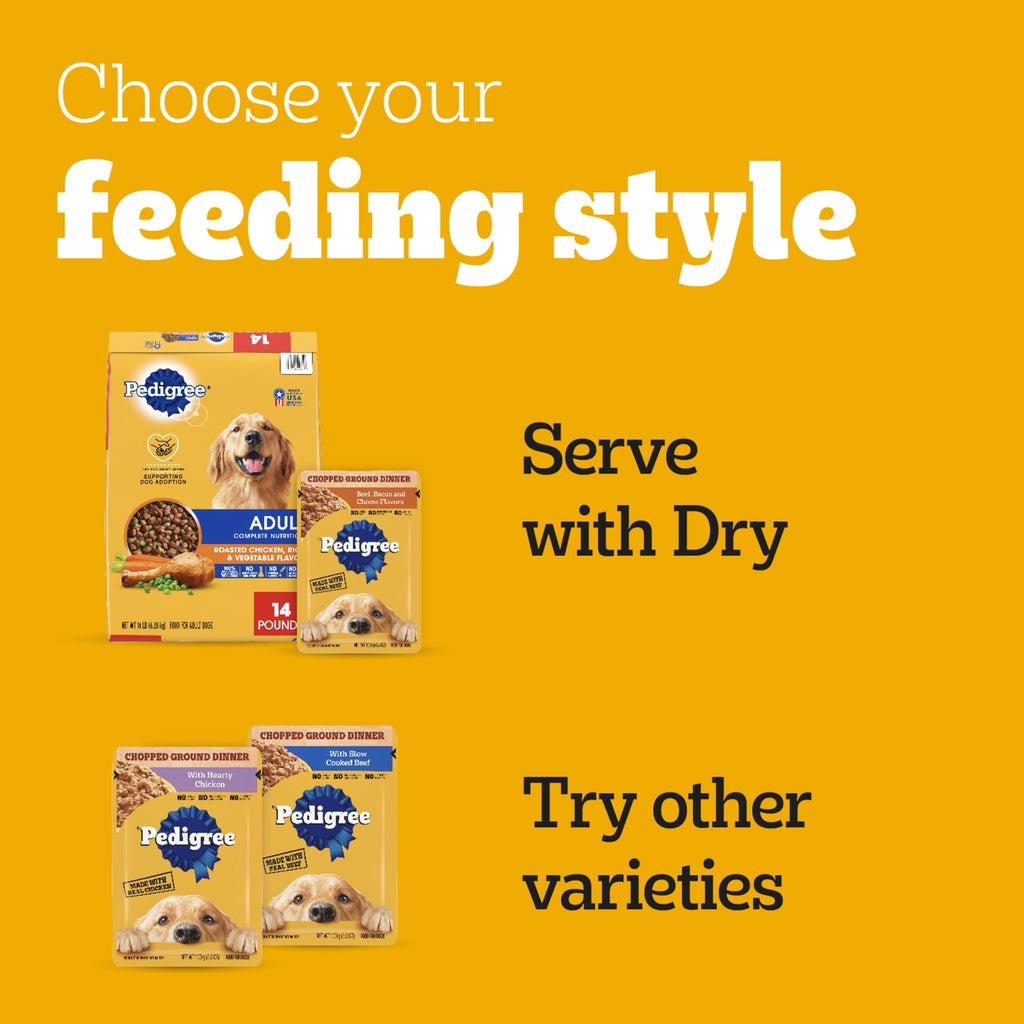 Pedigree Chopped Ground Dinner Beef - Bacon & Cheese Flavors Adult Soft Wet Dog Food, 3.5 Oz Pouches - 4-Pack