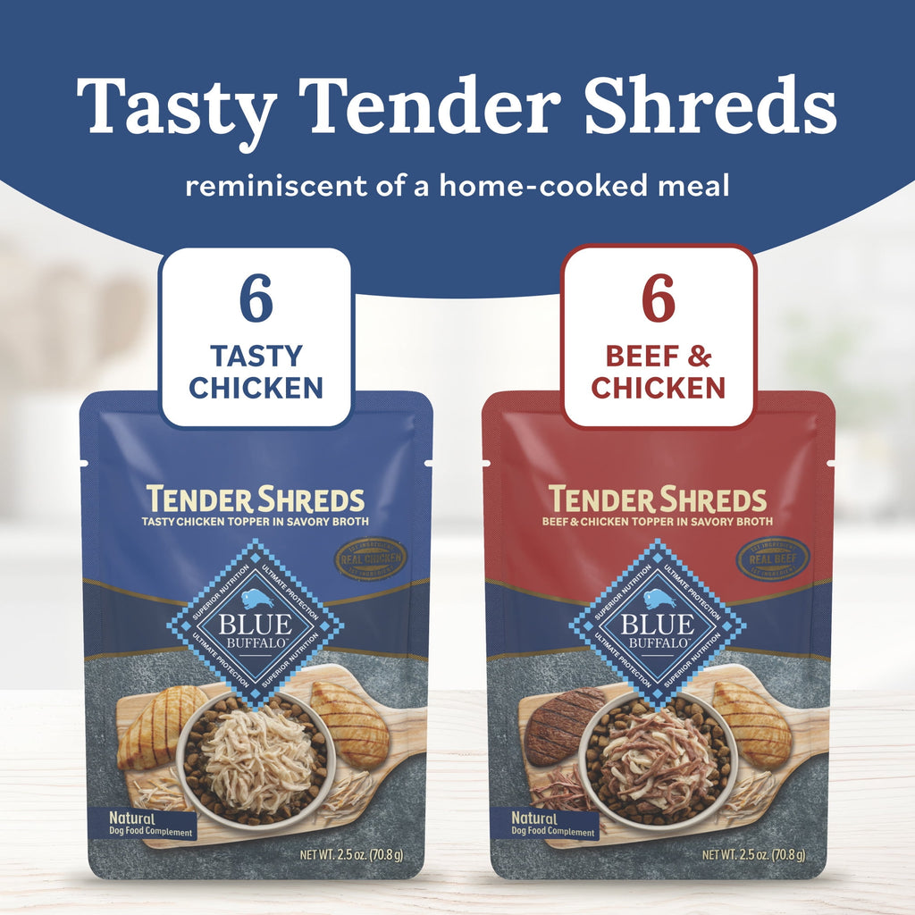 Blue Buffalo Tender Shreds Toppers - Natural Dog Food, 2.5-oz. Pouch, 12-Count Variety Pack - 2-Pack