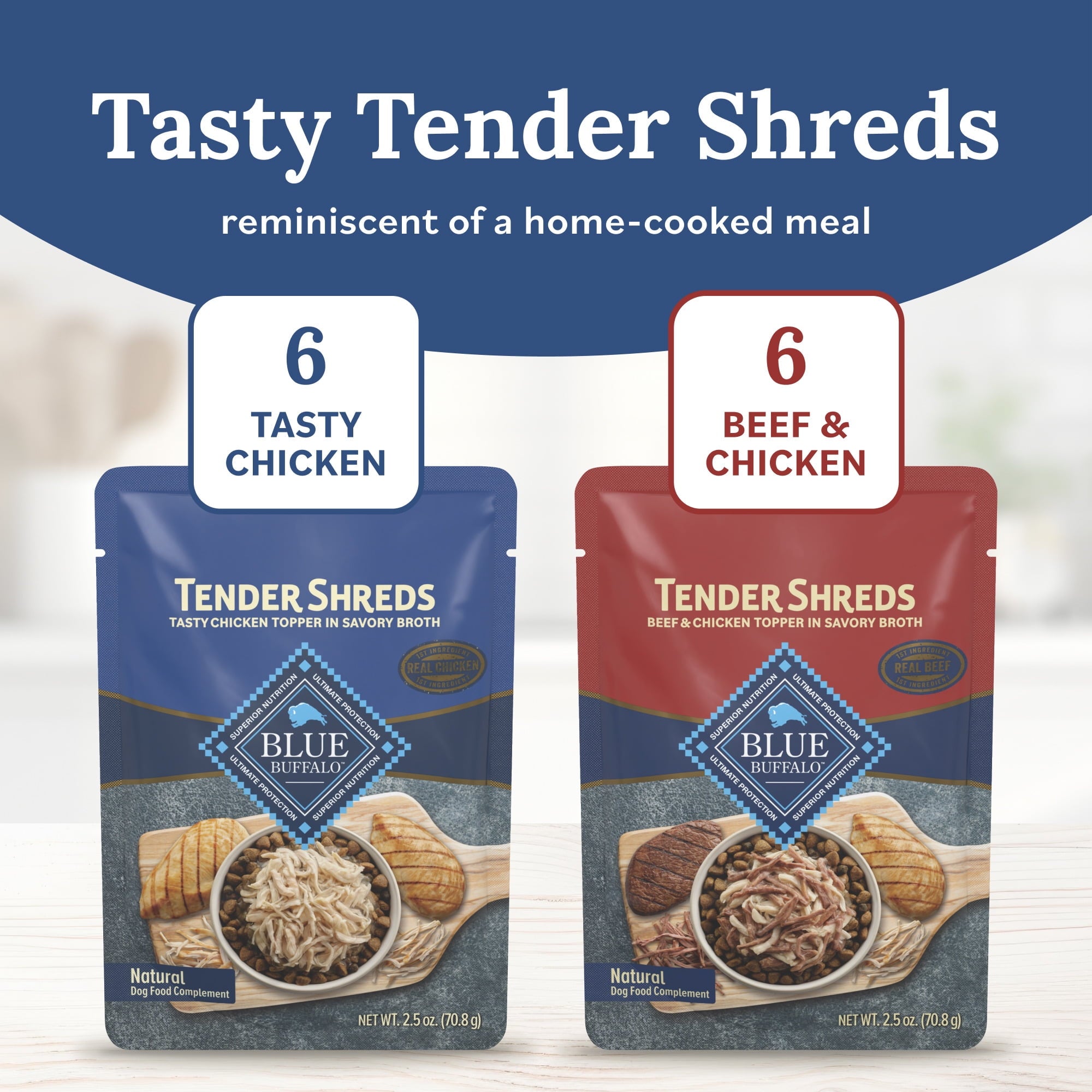 Blue Buffalo Tender Shreds Toppers - Natural Dog Food, 2.5-oz. Pouch, 12-Count Variety Pack - 2-Pack