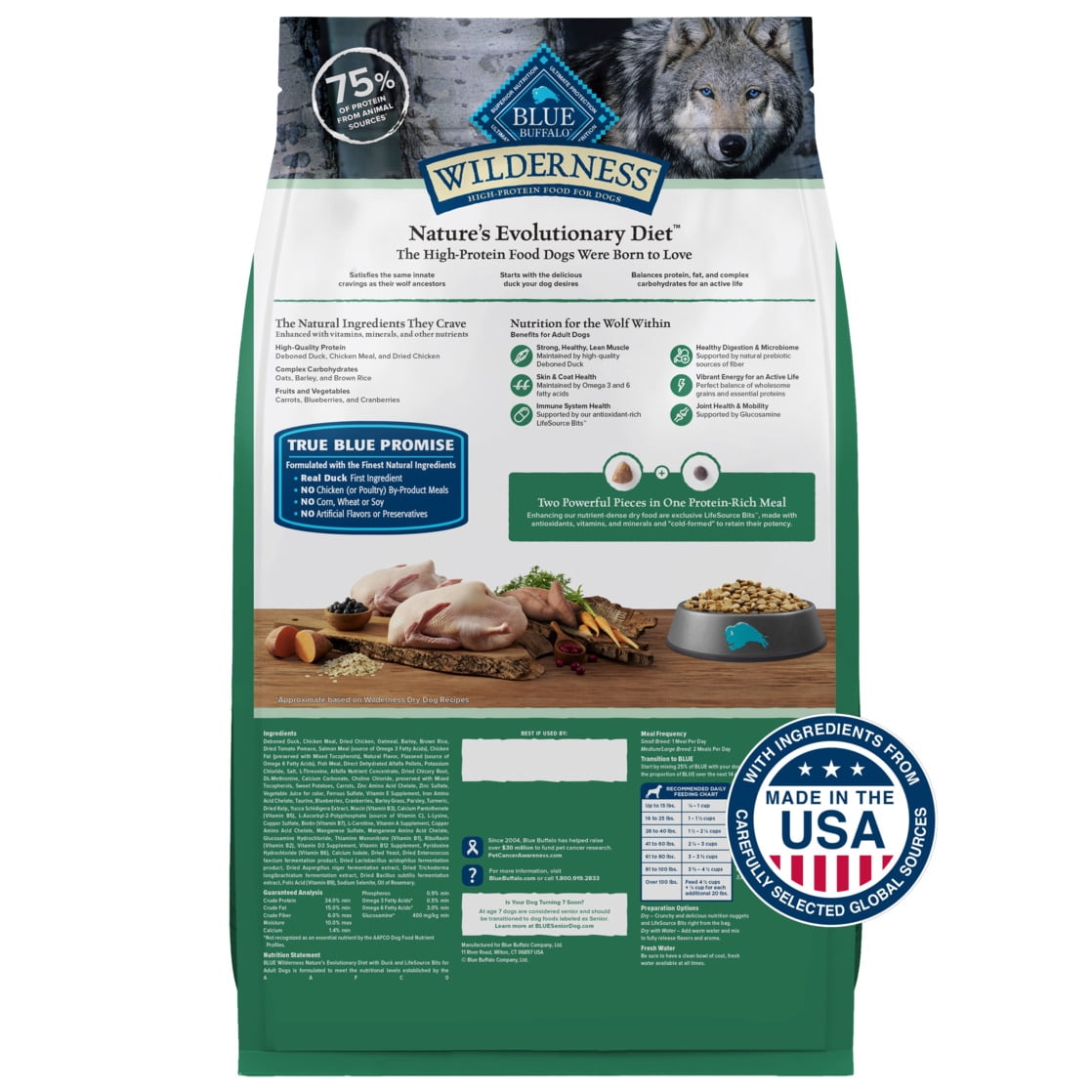 Blue Buffalo Wilderness Natural High-Protein Dry Food for Adult Dogs - Duck, 13-lb bag.