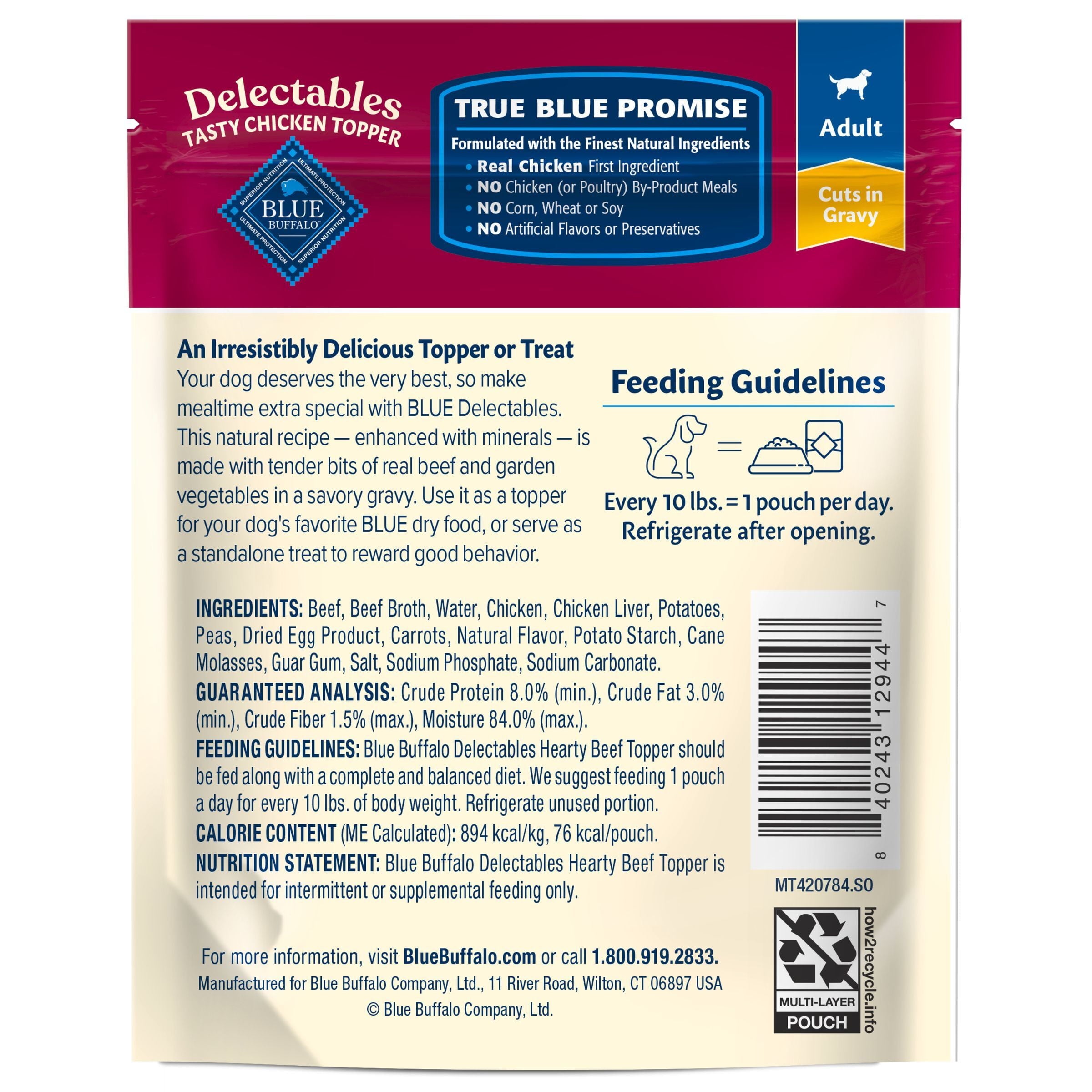 Blue Buffalo Delectables Natural Wet Dog Food Toppers - Hearty Beef, 3-oz Pouch