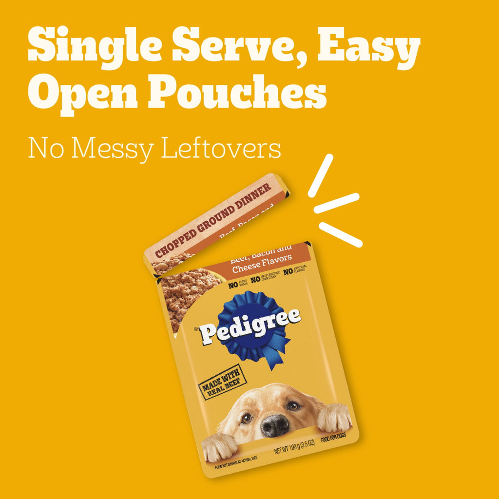 Pedigree Chopped Ground Dinner Beef - Bacon & Cheese Flavors Adult Soft Wet Dog Food, 3.5 Oz Pouches - 3-Pack
