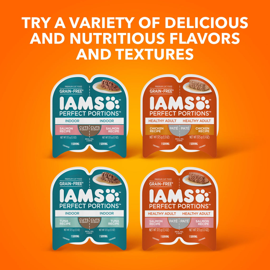 Iams Perfect Portions Indoor Grain Free Wet Cat Food Cuts in Gravy Variety Pack Tuna Recipe Salmon Recipe 2.6 oz Twin Pack Trays