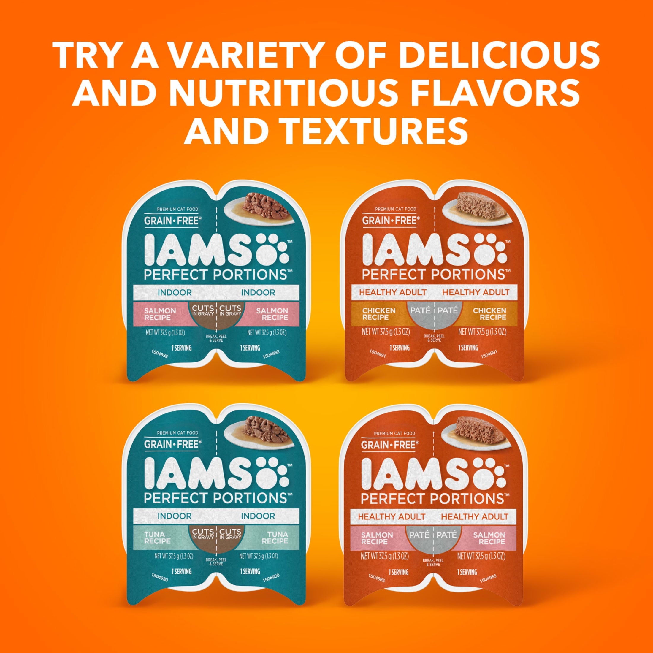 Iams Perfect Portions Indoor Grain Free Wet Cat Food Cuts in Gravy Variety Pack Tuna Recipe Salmon Recipe 2.6 oz Twin Pack Trays
