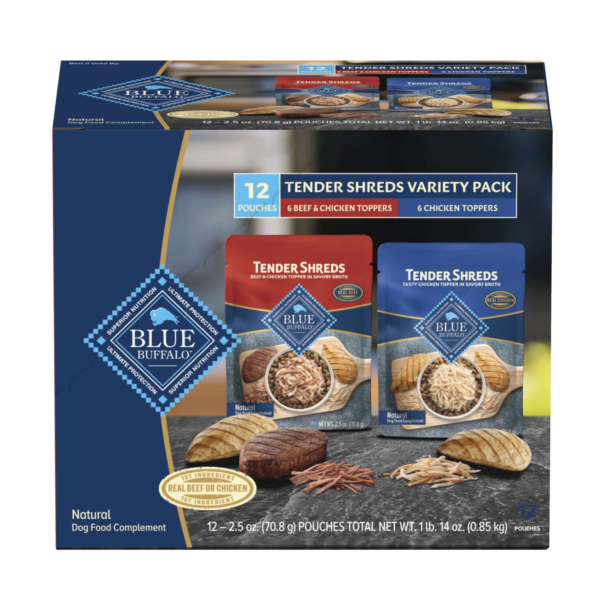 Blue Buffalo Tender Shreds Toppers - Natural Dog Food, 2.5-oz. Pouch, 12-Count Variety Pack - 3-Pack