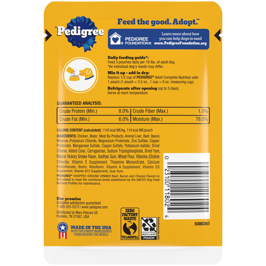 Pedigree Chopped Ground Dinner Beef - Bacon & Cheese Flavors Adult Soft Wet Dog Food, 3.5 Oz Pouches