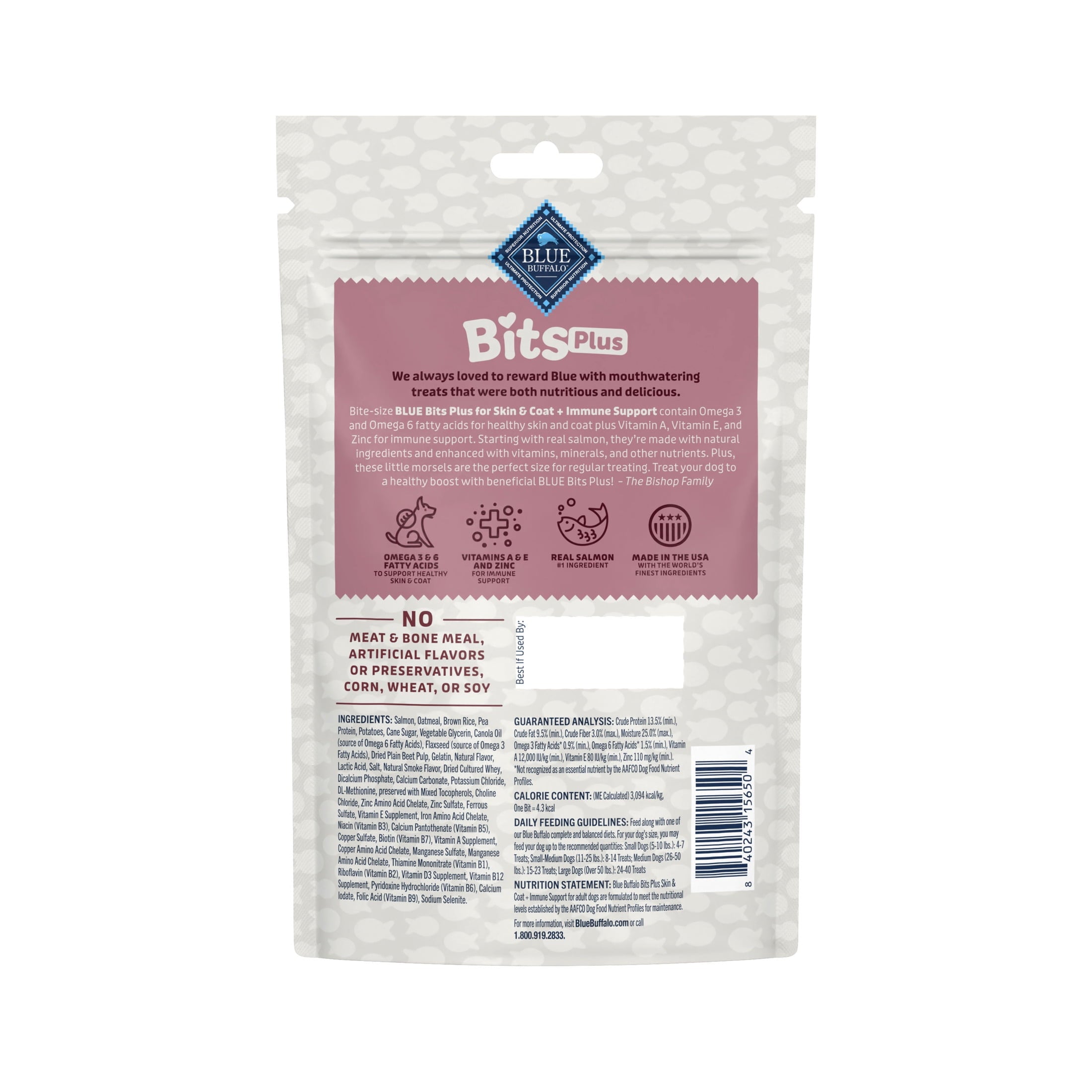 Blue Buffalo BLUE Bits Plus Skin & Coat and Immune Support Daily Benefit Dog Treats - Soft & Chewy Salmon Morsels, 9.5-oz. Bag