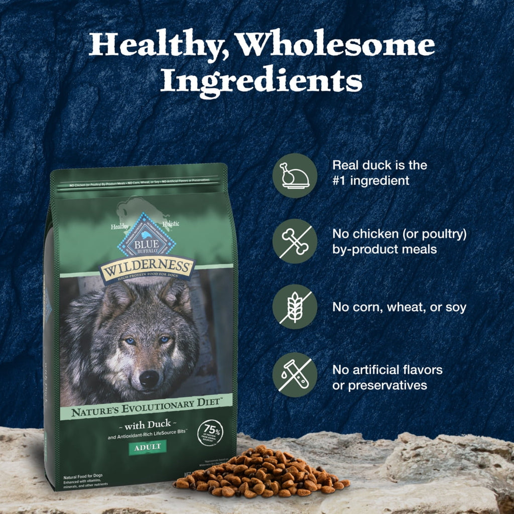 Blue Buffalo Wilderness Natural High-Protein Dry Food for Adult Dogs - Duck, 13-lb bag.