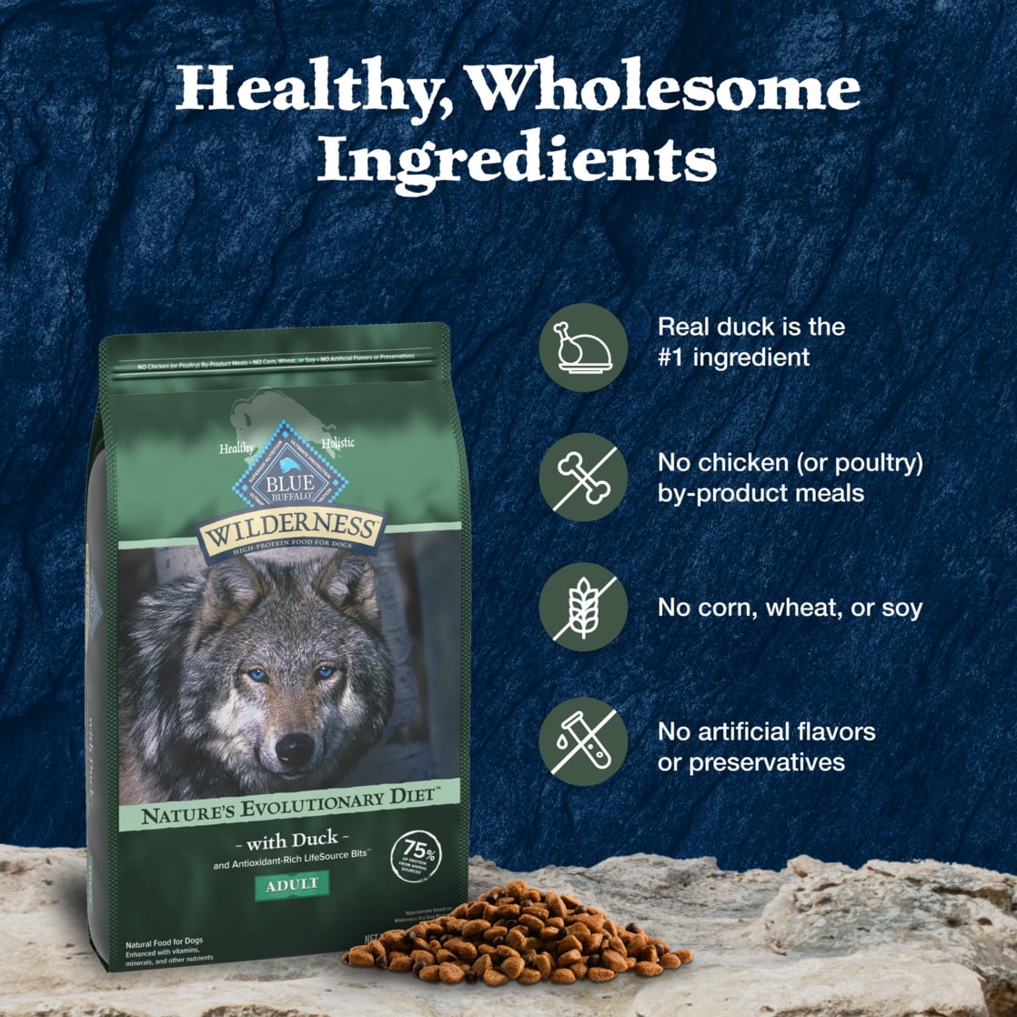 Blue Buffalo Wilderness Natural High-Protein Dry Food for Adult Dogs - Duck, 13-lb bag.
